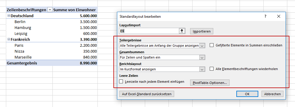 Auswahlfenster In Excel Pivot um Standardlayout für Dokumentation und Planung zu erstellen
