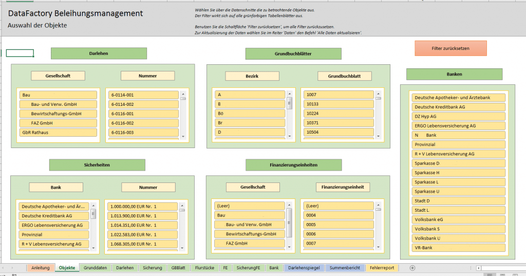 Übersicht Beleihungsmanagement mit Verwaltung von kreditsicherheiten im Excel-Bericht von OCT