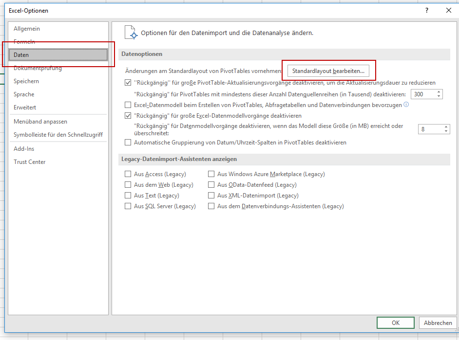 Standardlayout Excel-Pivot für Dokumentation und Planung auswählen