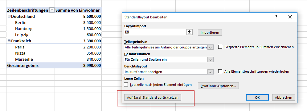 Standardtemplate von Pivot-Tabellen wieder rückgängig machen