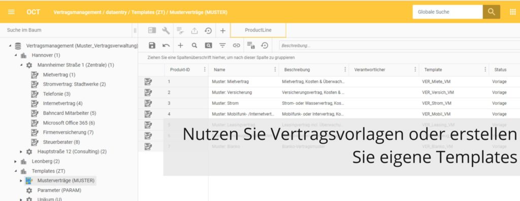 OCT Vetragsmanagement: Vertragsvorlagen und Möglichkeit der Erstellung eigener Vorlagen